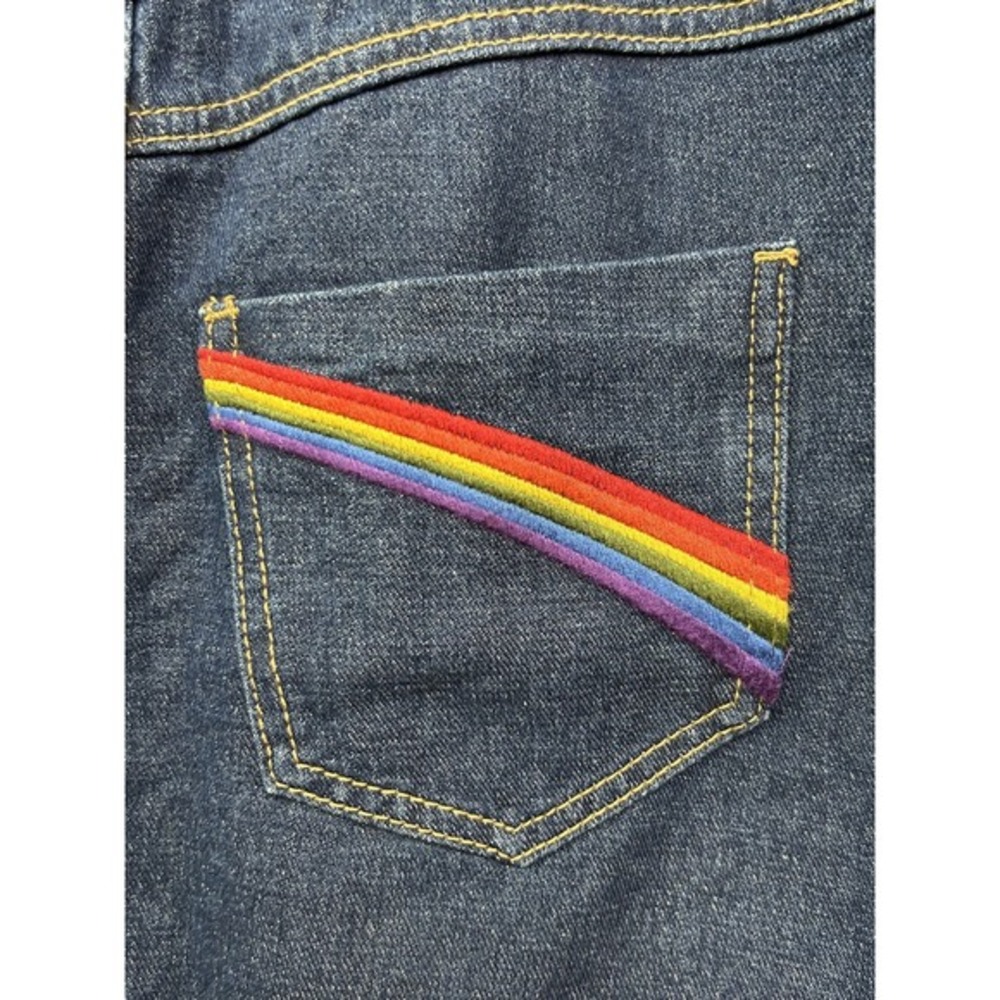 Blue Denim Mini Skirt Button Front Rainbow LGBTQ Back Pockets Size S - Picture 4 of 8